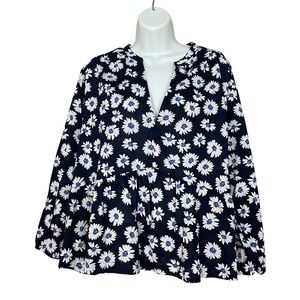 NWT Gap Floral Peplum Blouse Women XL Navy Blue Daisy Split V-Neck Long Sleeve